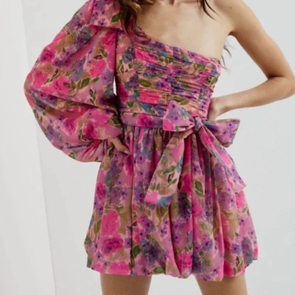 Floral One-Shoulder Dress with Bow